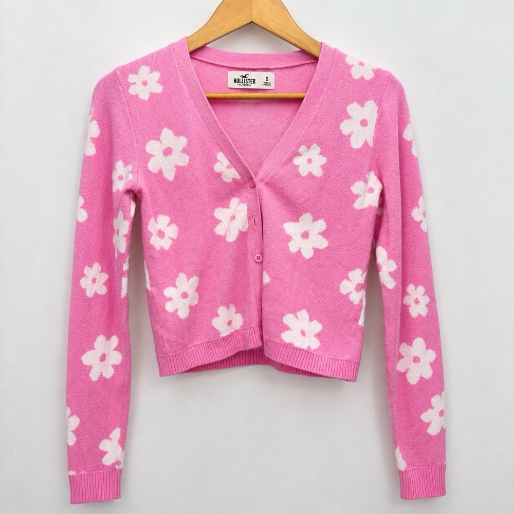 Hollister Pink & White Daisy Floral Cropped Cardigan Size Small